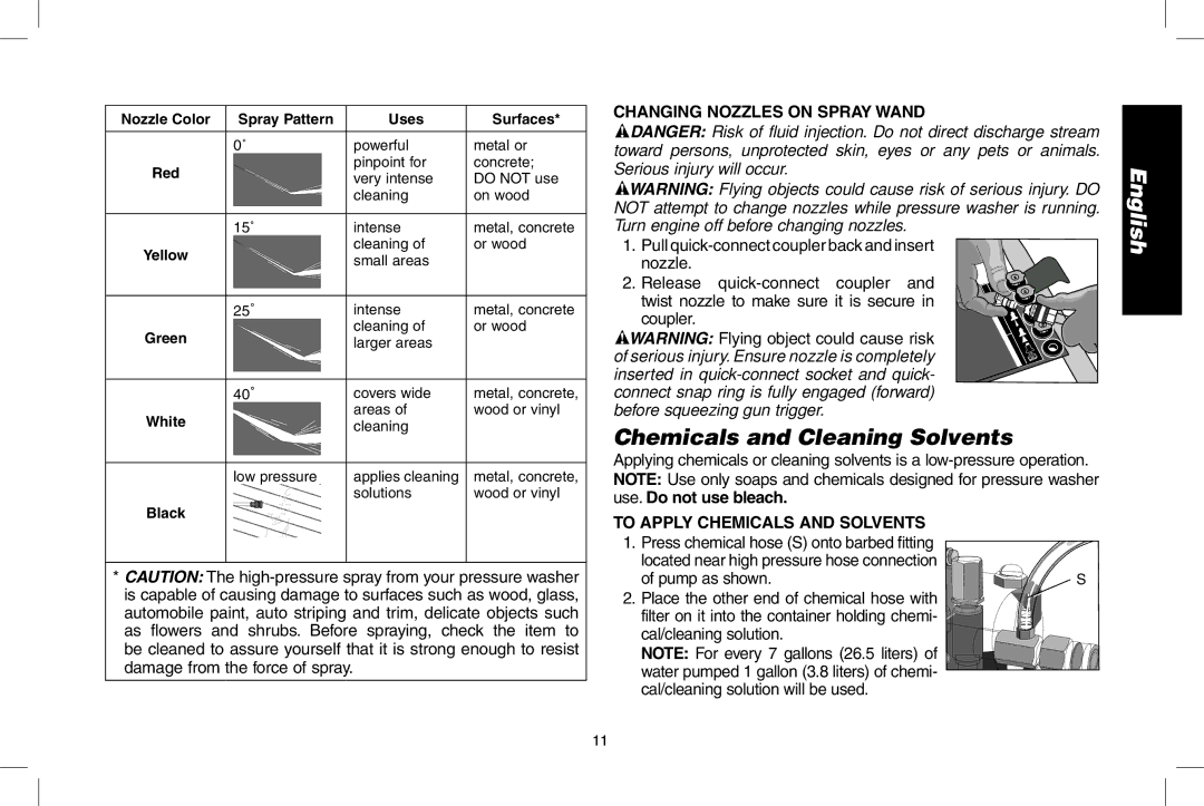 DeWalt DPD3000IC Chemicals and Cleaning Solvents, Changing Nozzles on Spray Wand, To apply chemicals and solvents 