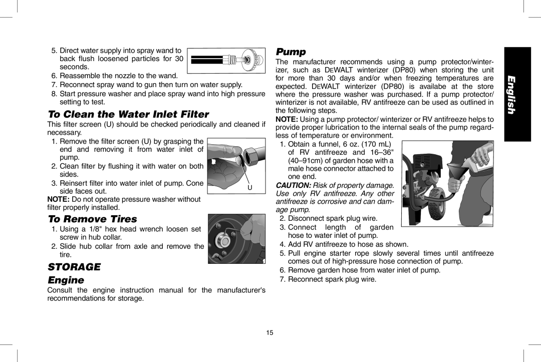 DeWalt DPD3000IC, N0003431 instruction manual To Clean the Water Inlet Filter, To Remove Tires, STORAGE Engine Pump 