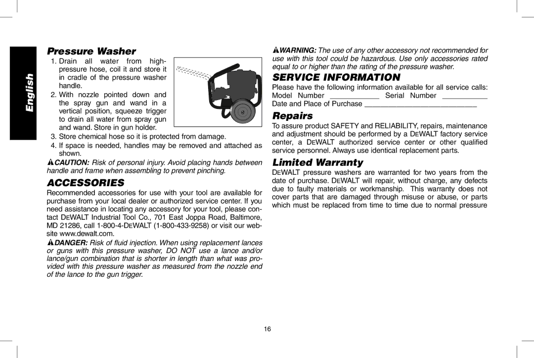 DeWalt N0003431 Pressure Washer, Accessories Service Information, Repairs, Limited Warranty, Date and Place of Purchase 