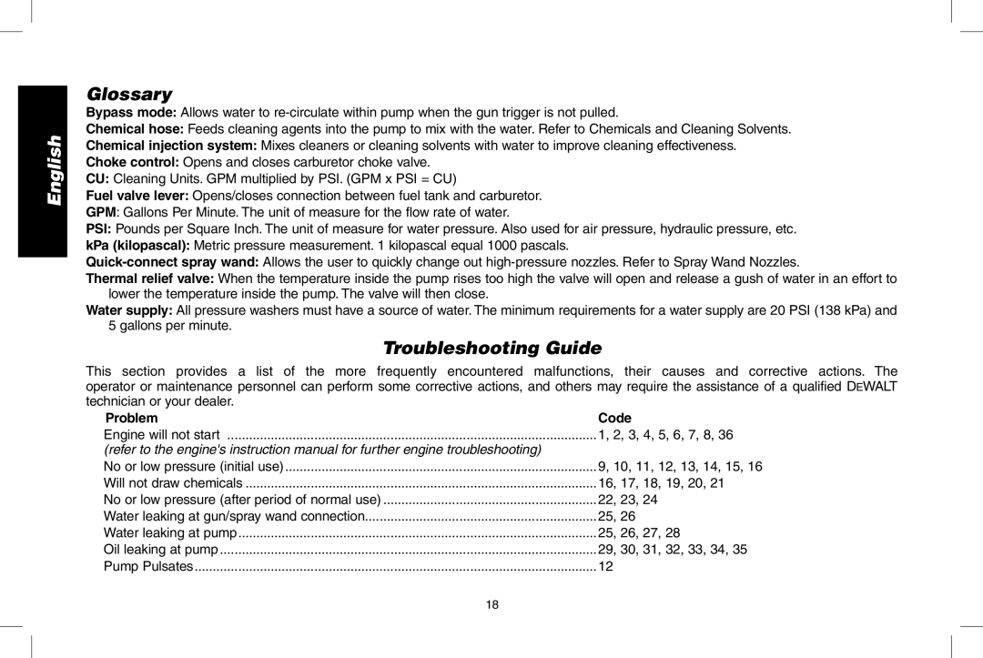 DeWalt N0003431, DPD3000IC instruction manual Glossary, Troubleshooting Guide, Problem Code 