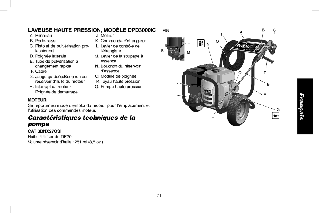 DeWalt DPD3000IC, N0003431 Caractéristiques techniques de la pompe, Panneau Moteur Porte-buse, Poignée de démarrage 