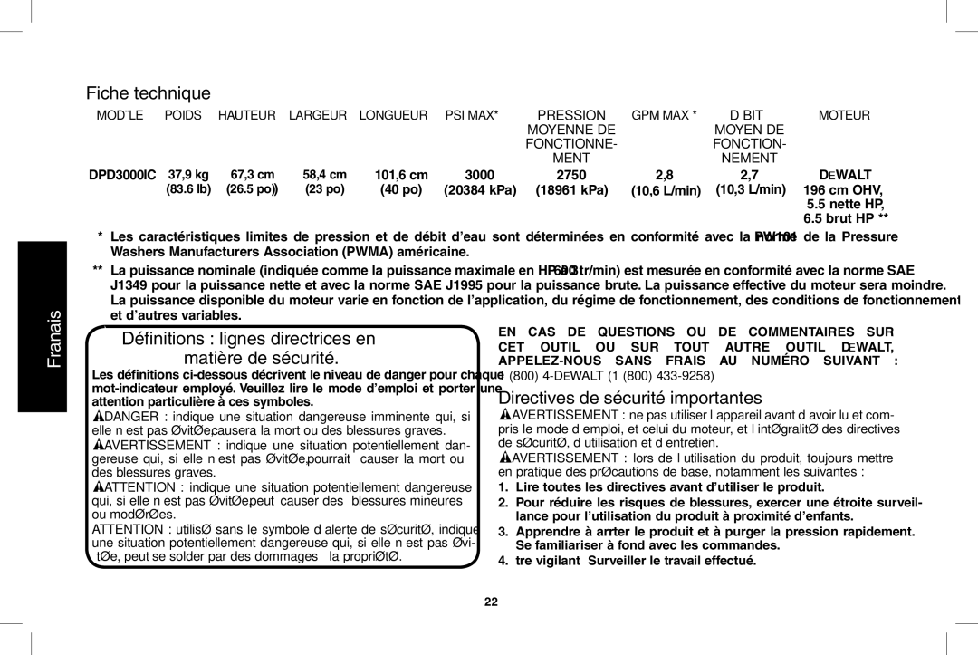 DeWalt N0003431 Fiche technique, Définitions lignes directrices en Matière de sécurité, Directives de sécurité importantes 