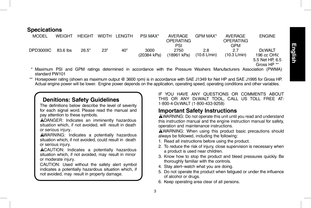 DeWalt DPD3000IC, N0003431 instruction manual Specifications, Definitions Safety Guidelines, Important Safety Instructions 