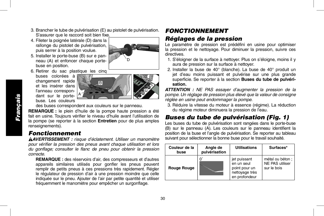 DeWalt N0003431, DPD3000IC instruction manual Fonctionnement, Réglages de la pression, Buses du tube de pulvérisation Fig 