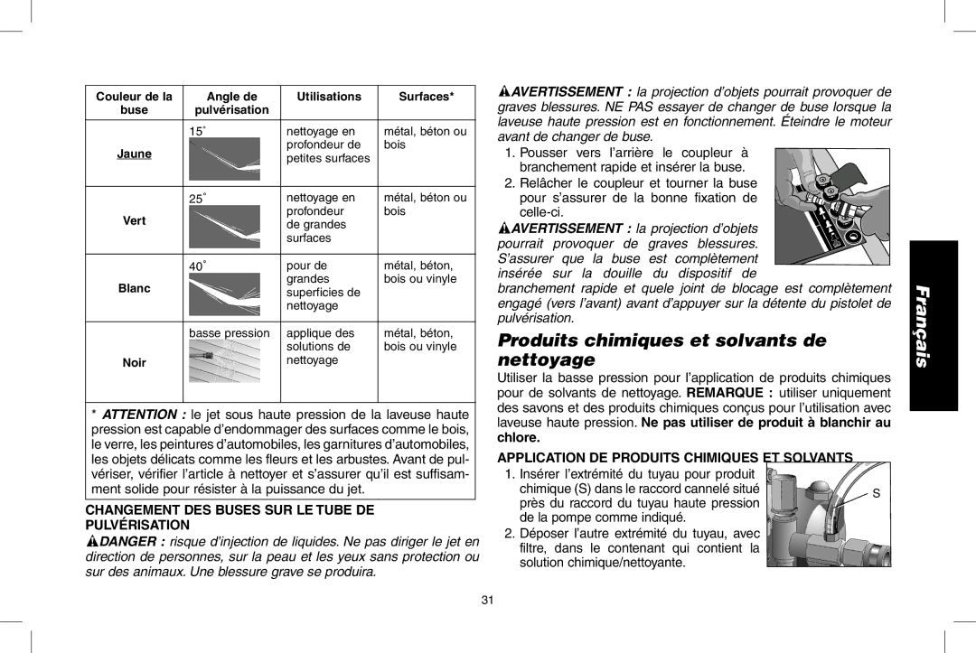 DeWalt DPD3000IC, N0003431 Produits chimiques et solvants de nettoyage, Changement DES Buses SUR LE Tube DE Pulvérisation 