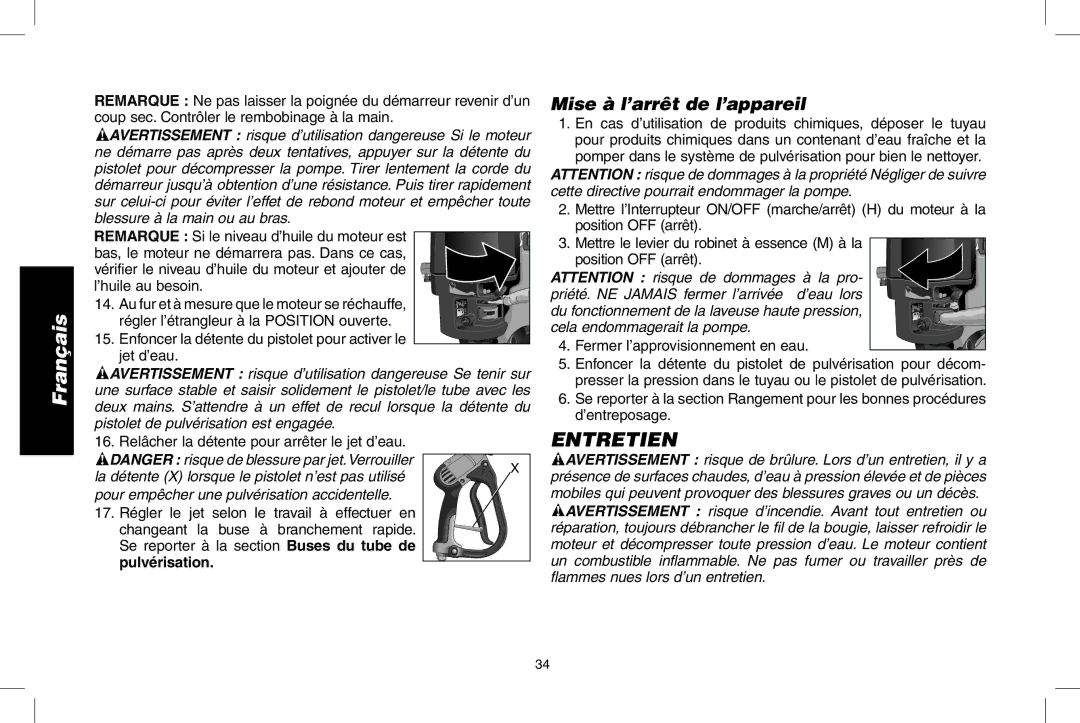 DeWalt N0003431, DPD3000IC instruction manual Entretien, Enfoncer la détente du pistolet pour activer le jet d’eau 