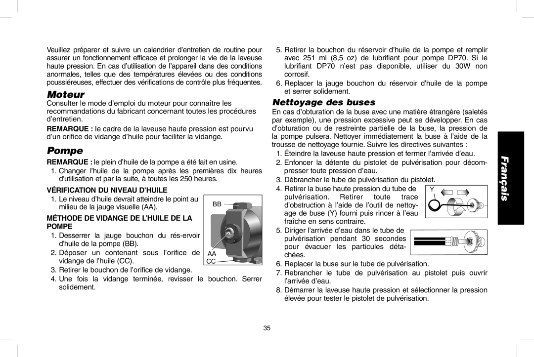 DeWalt DPD3000IC, N0003431 Moteur, Vérification DU Niveau D’HUILE, Méthode DE Vidange DE L’HUILE DE LA Pompe 