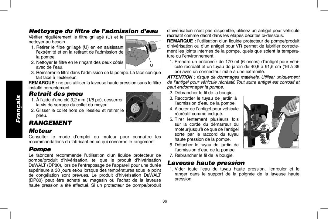 DeWalt N0003431, DPD3000IC Nettoyage du filtre de l’admission d’eau, Retrait des pneu, Rangement, Laveuse haute pression 