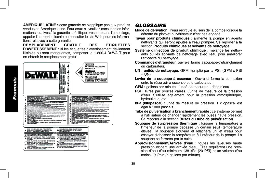 DeWalt N0003431, DPD3000IC instruction manual Glossaire, ’utilisateur de changer rapidement les buses haute pression 