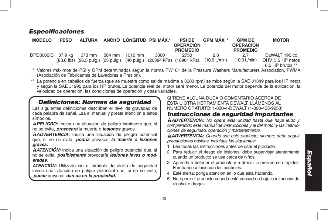 DeWalt DPD3000IC, N0003431 Especificaciones, Definiciones Normas de seguridad, Instrucciones de seguridad importantes 