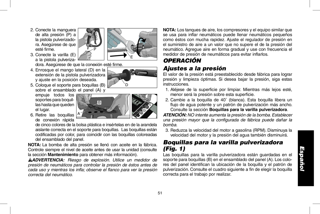 DeWalt DPD3000IC Operación, Ajustes a la presión, Boquillas para la varilla pulverizadora Fig, De alta presión P a 