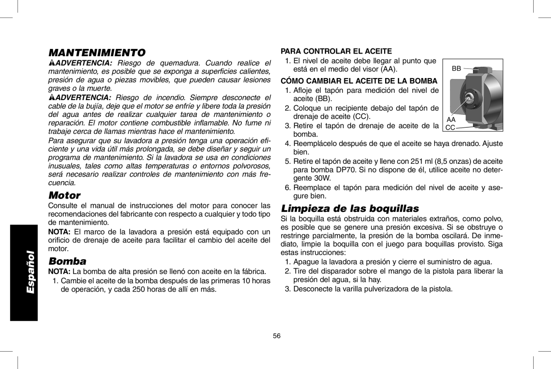 DeWalt N0003431, DPD3000IC instruction manual Mantenimiento, Bomba, Limpieza de las boquillas, Para Controlar EL Aceite 