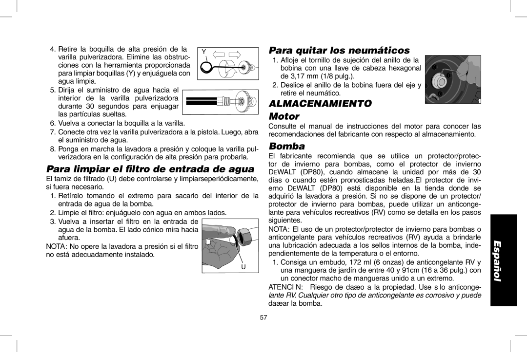 DeWalt DPD3000IC, N0003431 Para limpiar el filtro de entrada de agua, Para quitar los neumáticos, Almacenamiento 