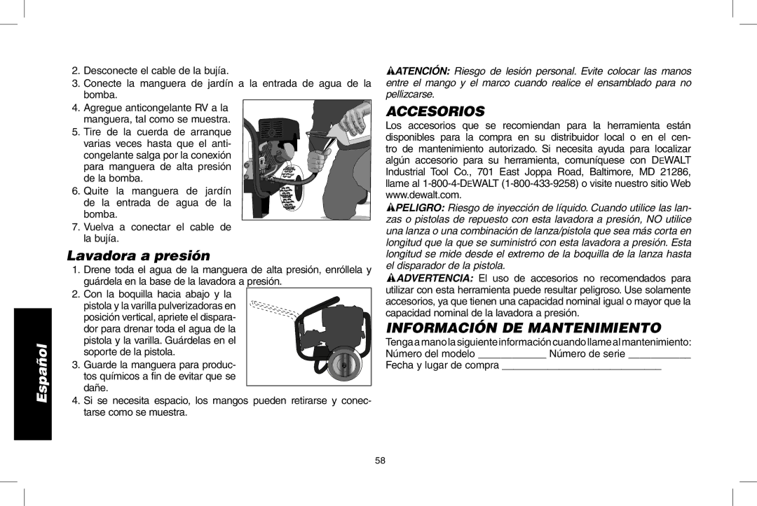 DeWalt N0003431, DPD3000IC Lavadora a presión, Accesorios, Información DE Mantenimiento, Fecha y lugar de compra 