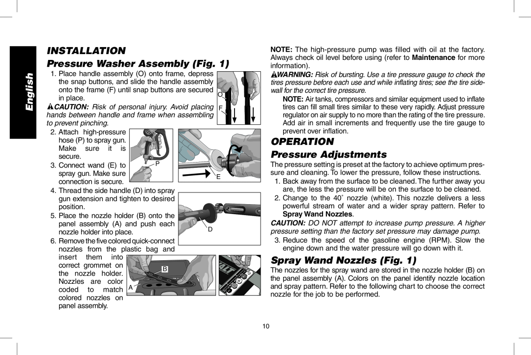DeWalt N0003431 INSTALLATION Pressure Washer Assembly Fig, OPERATION Pressure Adjustments, Spray Wand Nozzles Fig, English 