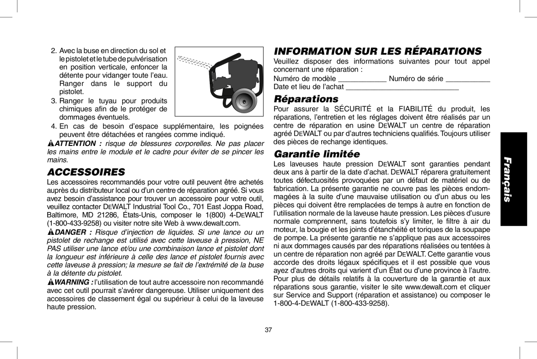 DeWalt DPD3000IC, N0003431 instruction manual Accessoires, Information Sur Les Réparations, Garantie limitée, Français 