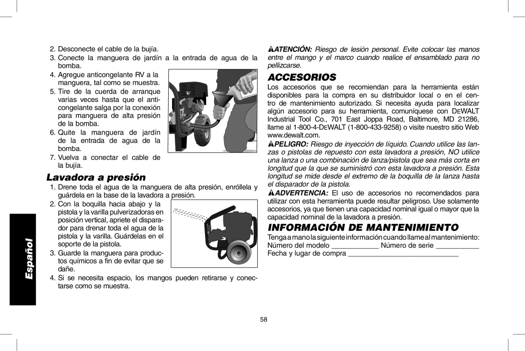 DeWalt N0003431, DPD3000IC instruction manual Lavadora a presión, Accesorios, Información De Mantenimiento, Español 