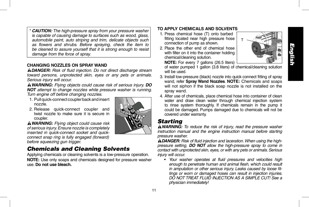 DeWalt N000589 Chemicals and Cleaning Solvents, Starting, Changing Nozzles on Spray Wand, To apply chemicals and solvents 