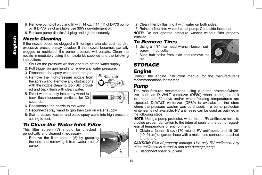 DeWalt N000589 instruction manual To Remove Tires, Storage, Engine, To Clean the Water Inlet Filter 