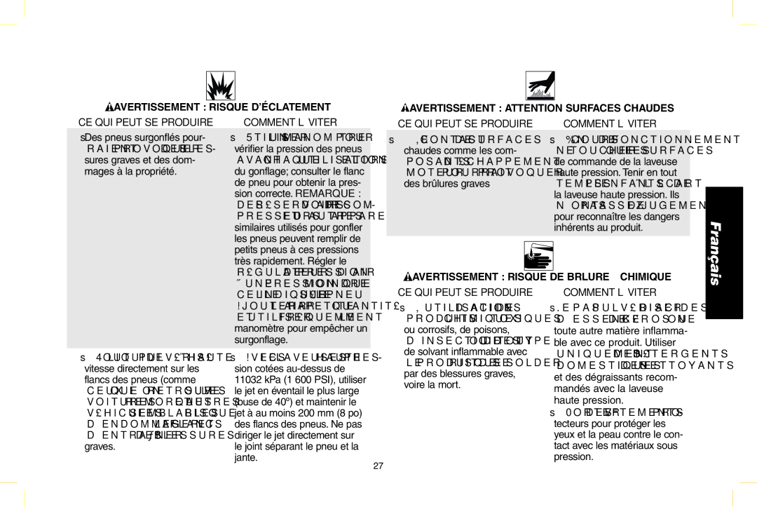 DeWalt N000589 instruction manual Avertissement Risque d’éclatement, Ce qui peut se produire 