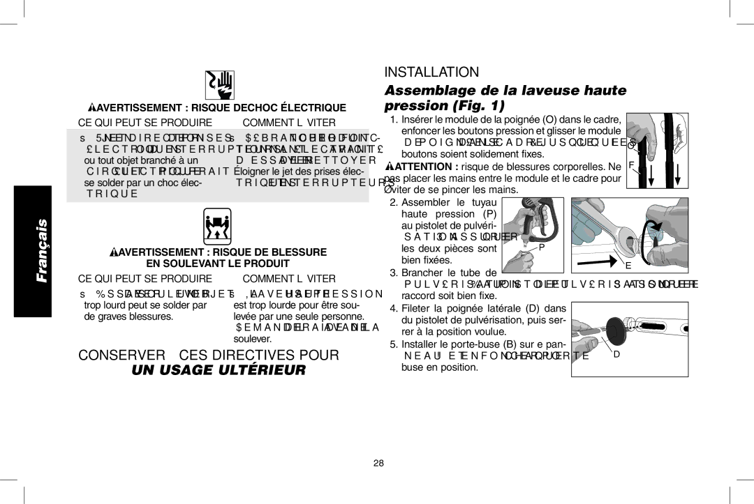 DeWalt N000589 Assemblage de la laveuse haute pression Fig, Conserver CES Directives Pour UN Usage Ultérieur 