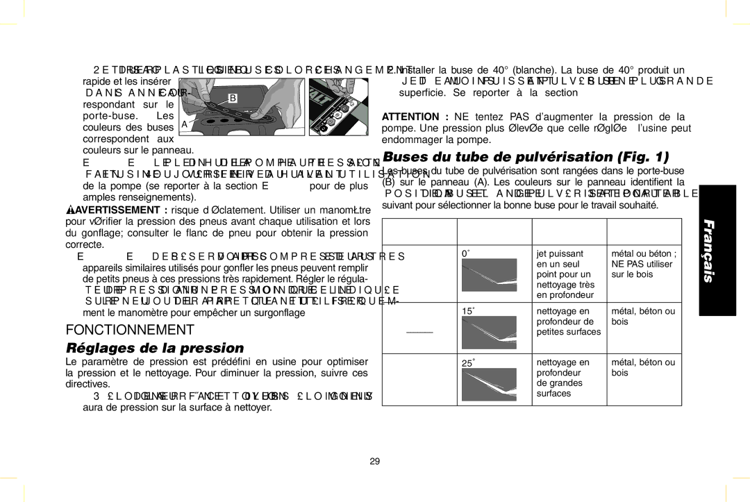 DeWalt N000589 Fonctionnement, Réglages de la pression, Buses du tube de pulvérisation Fig, Retirer du sac 