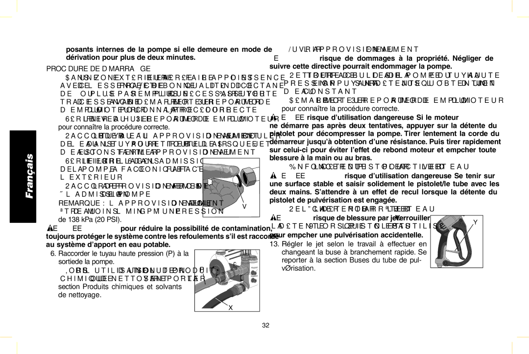 DeWalt N000589 instruction manual Procédure DE Démarrage, Enfoncer la détente du pistolet pour activer le jet d’eau 