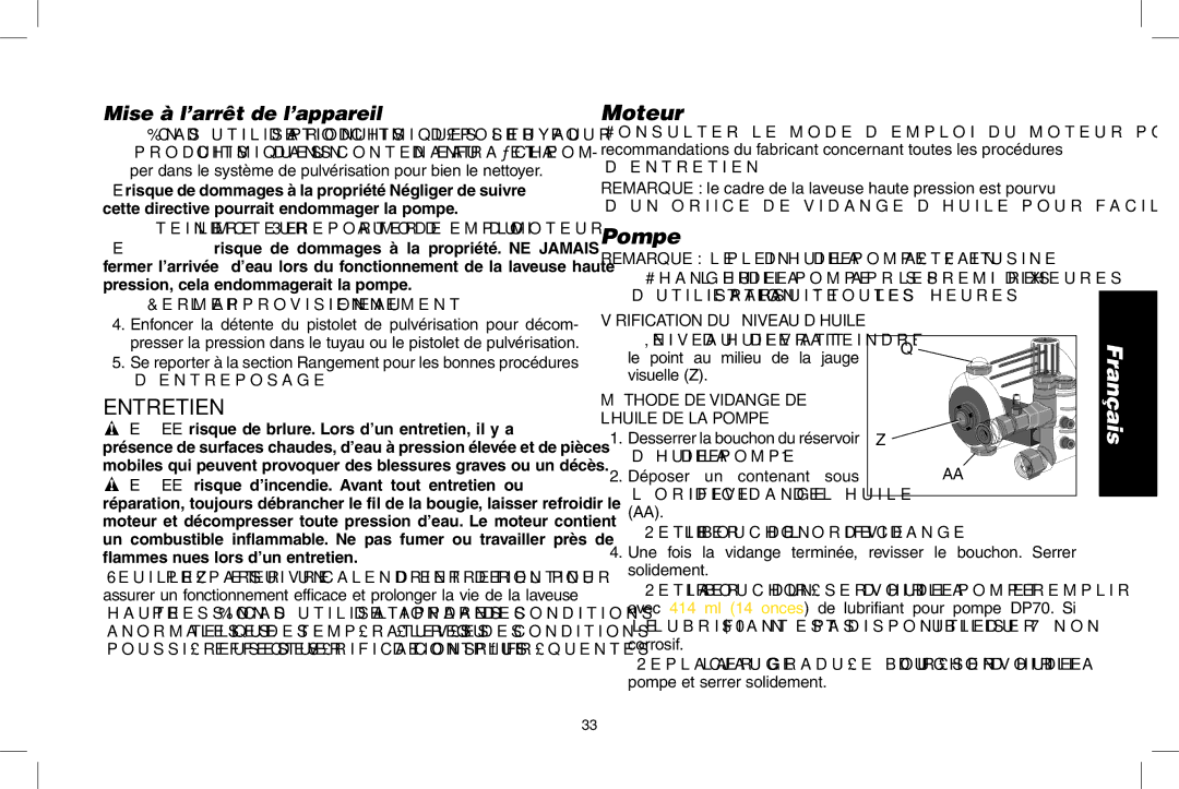 DeWalt N000589 instruction manual Entretien, Vérification DU Niveau D’HUILE, Méthode DE Vidange DE ’HUILE DE LA Pompe 