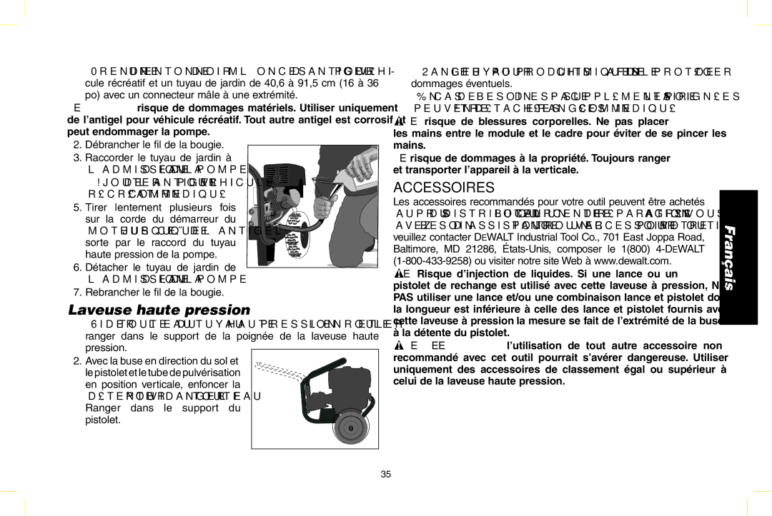 DeWalt N000589 instruction manual Laveuse haute pression, Accessoires 