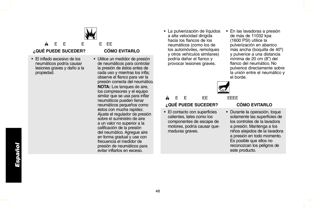 DeWalt N000589 instruction manual Advertencia Riesgo de de estallido, Advertencia Riesgo DE superficies calientes 