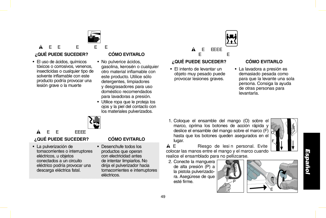 DeWalt N000589 instruction manual Advertencia Riesgo de quemadura química, Advertencia Riesgo DE descarga eléctrica 