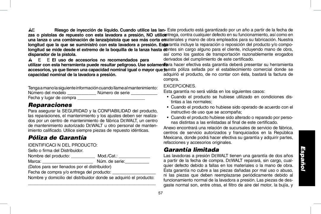 DeWalt N000589 instruction manual Información DE Mantenimiento, Reparaciones, Póliza de Garantía, Garantía limitada 