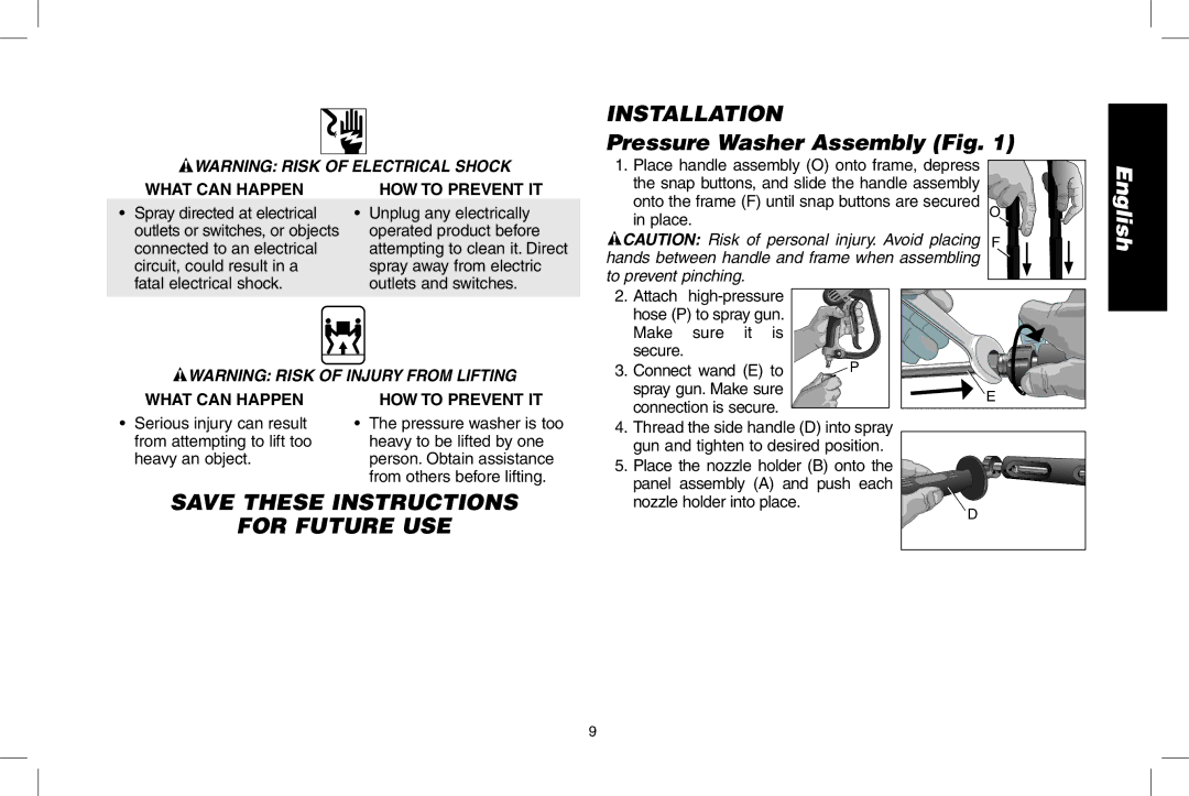 DeWalt N000589 instruction manual Installation, Pressure Washer Assembly Fig, For Future USE, To prevent pinching 