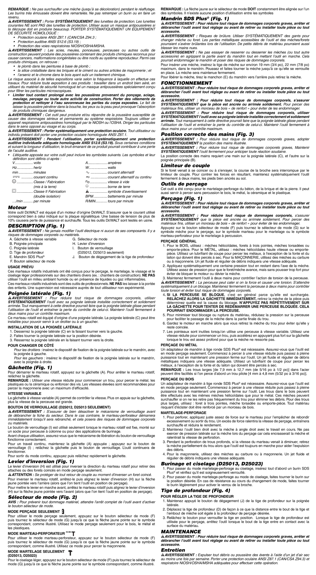 DeWalt D25023, N027959, D25012 instruction manual Fonctionnement 