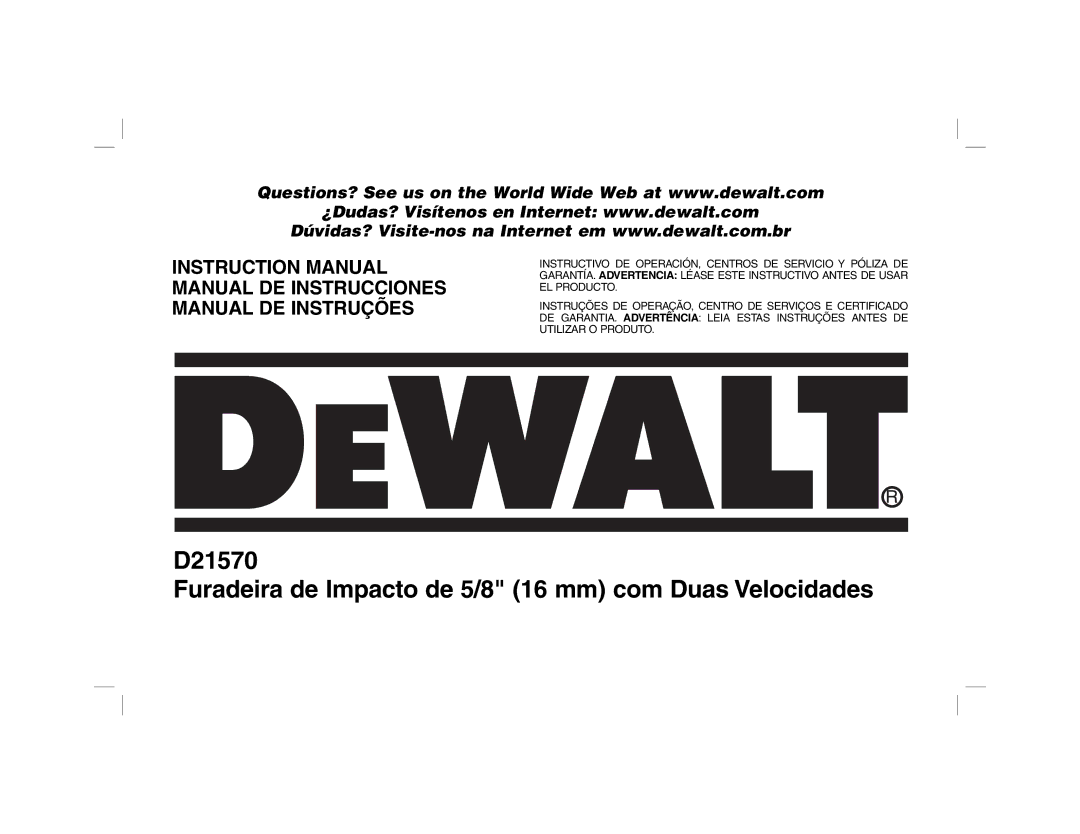 DeWalt D21570, N082353 instruction manual 