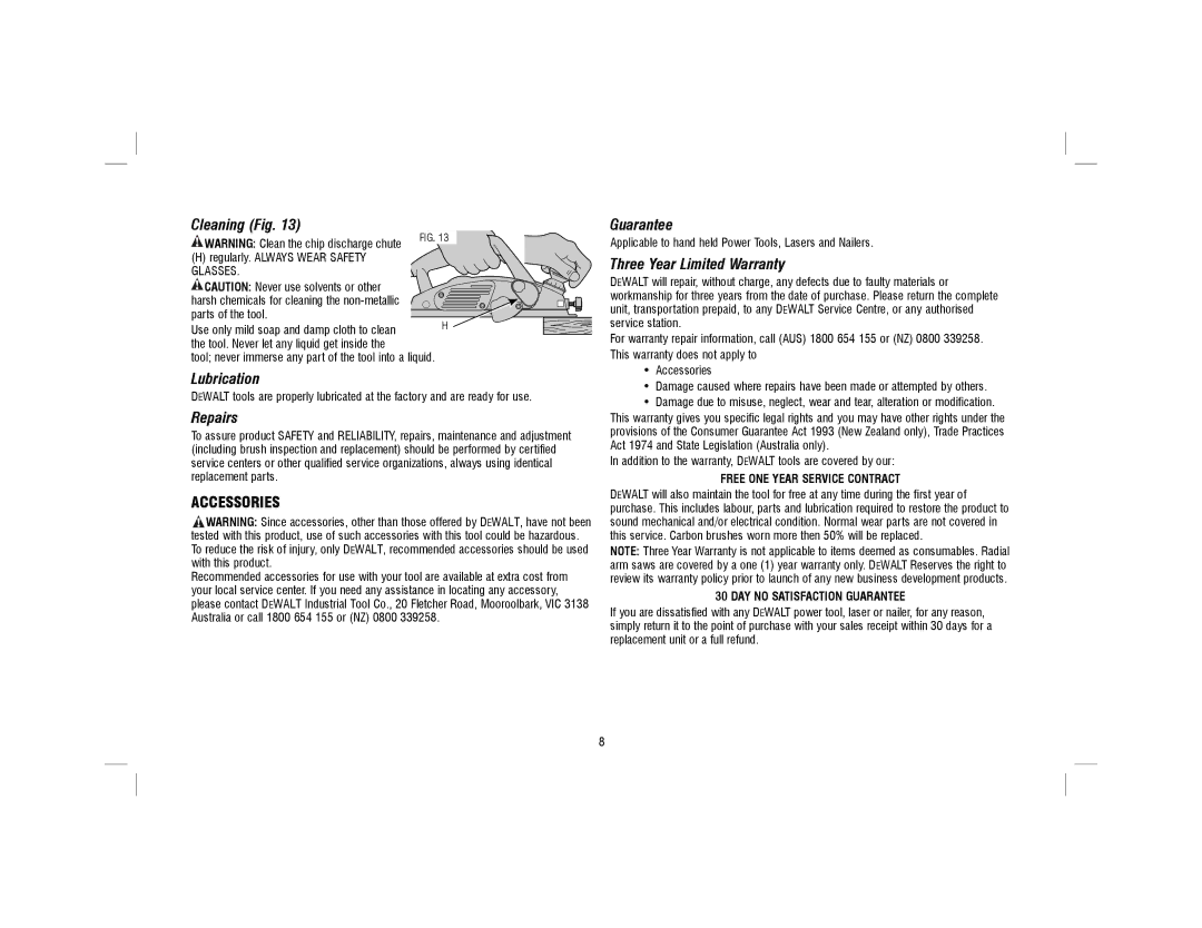 DeWalt N090451, DW680-XE instruction manual Cleaning Fig, Lubrication, Repairs, Guarantee, Three Year Limited Warranty 