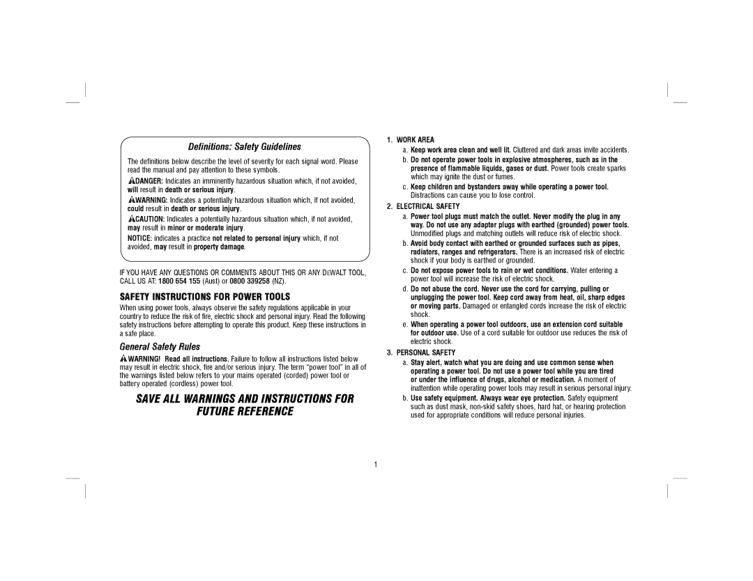 DeWalt DW680-XE, N090451 Definitions Safety Guidelines, Safety Instructions for Power Tools, General Safety Rules 