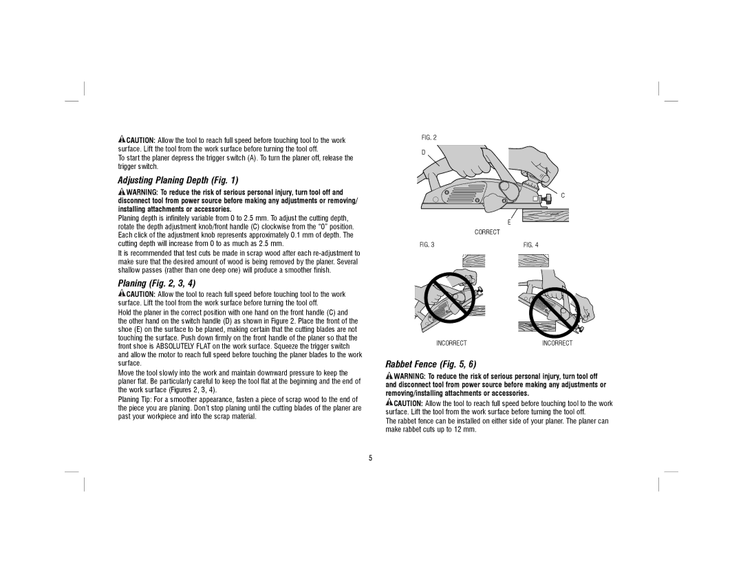 DeWalt DW680-XE, N090451 instruction manual Adjusting Planing Depth Fig, Planing , 3, Rabbet Fence 