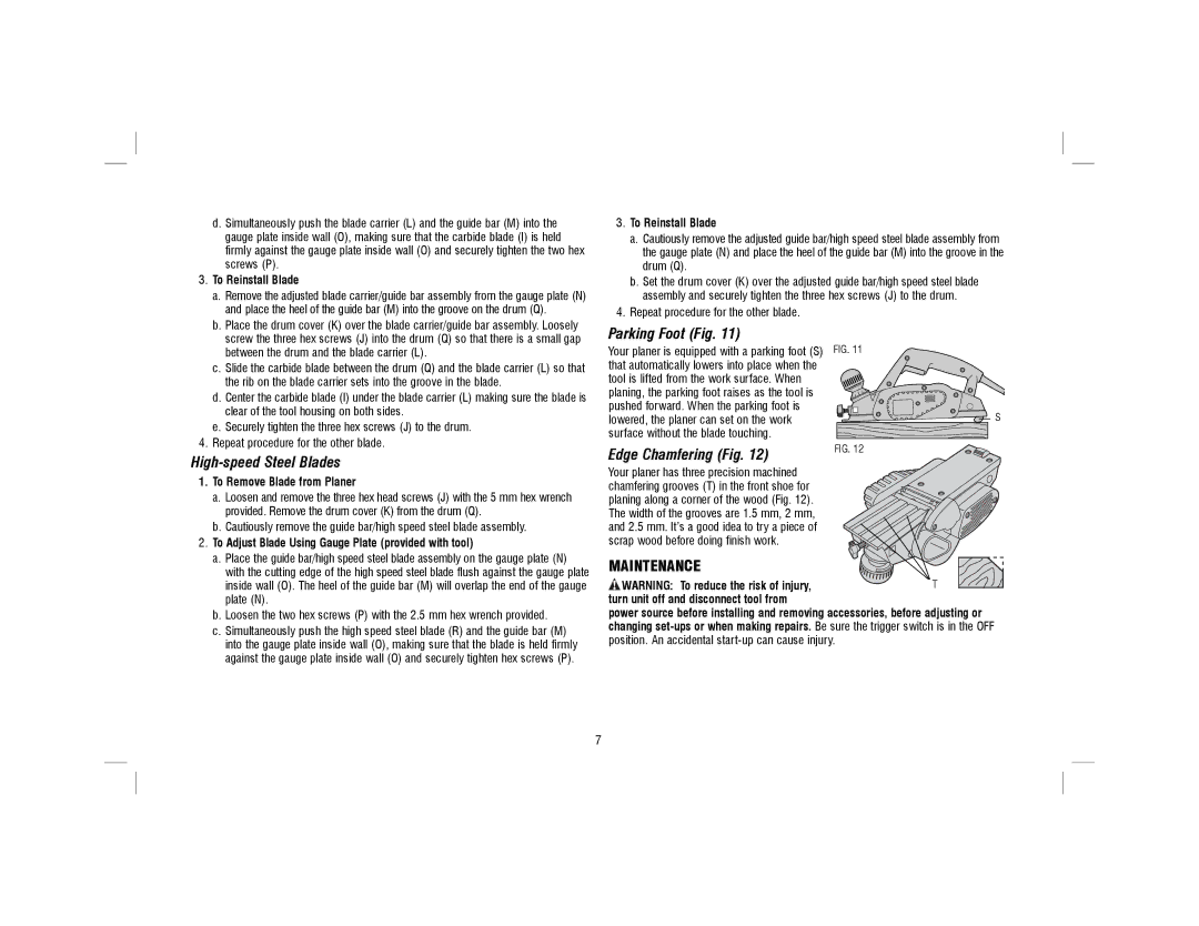 DeWalt DW680-XE, N090451 instruction manual High-speed Steel Blades, Parking Foot Fig, Edge Chamfering Fig, Maintenance 