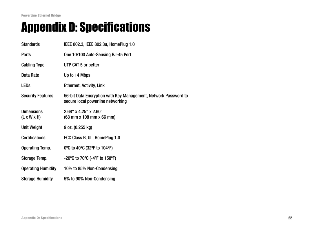 DeWalt PLEBR10 manual Appendix D Specifications 