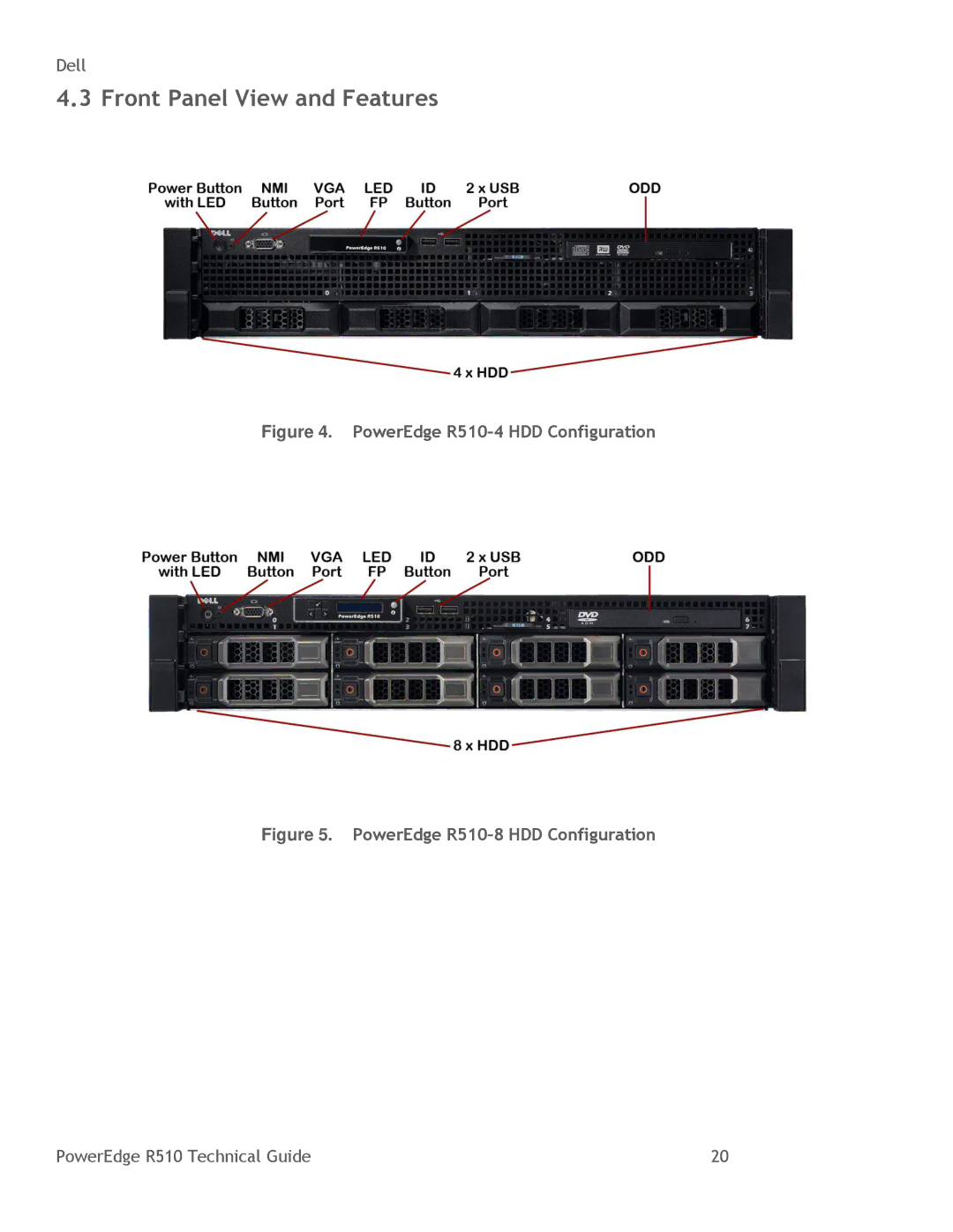 DeWalt manual Front Panel View and Features, PowerEdge R510-4 HDD Configuration 