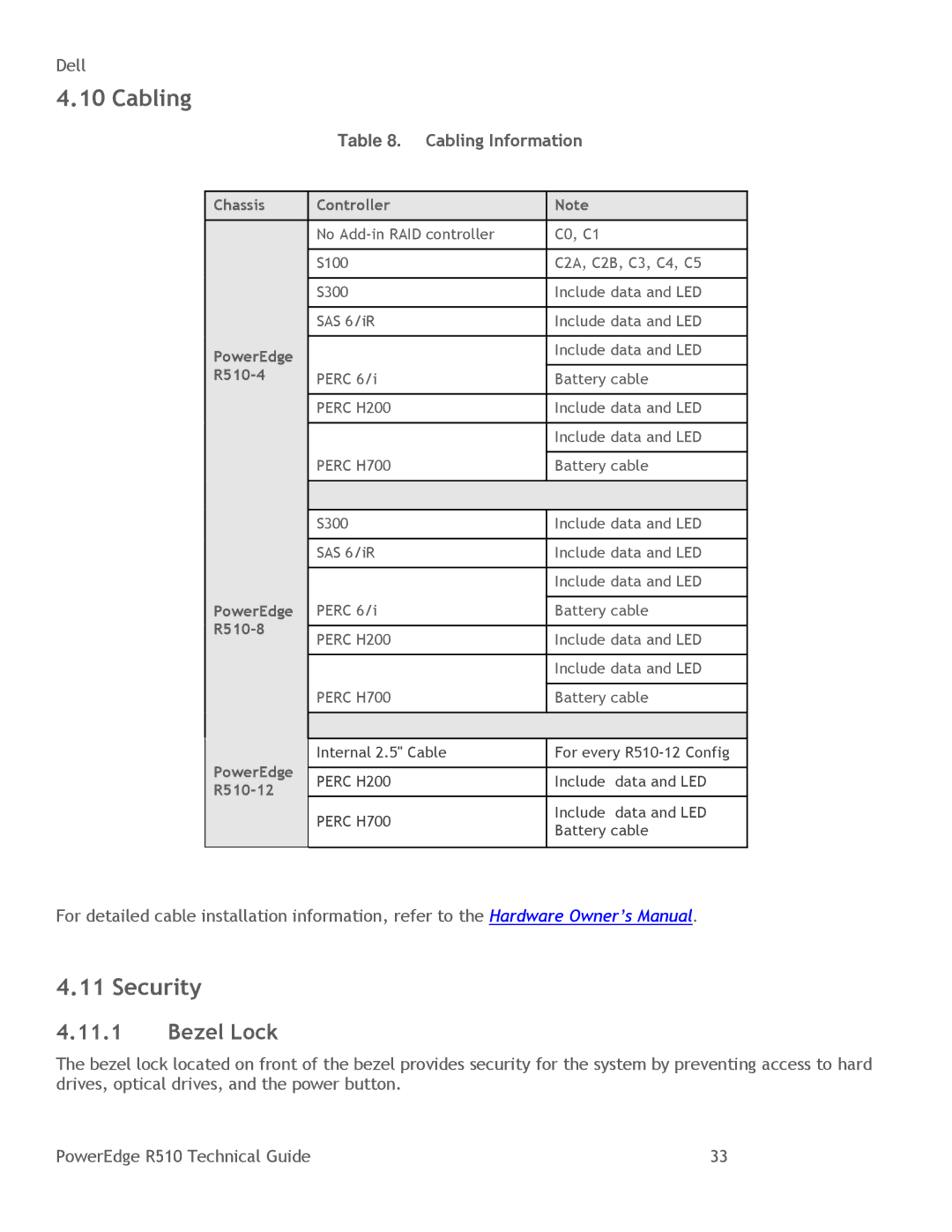 DeWalt R510 manual Security, Bezel Lock, Cabling Information 