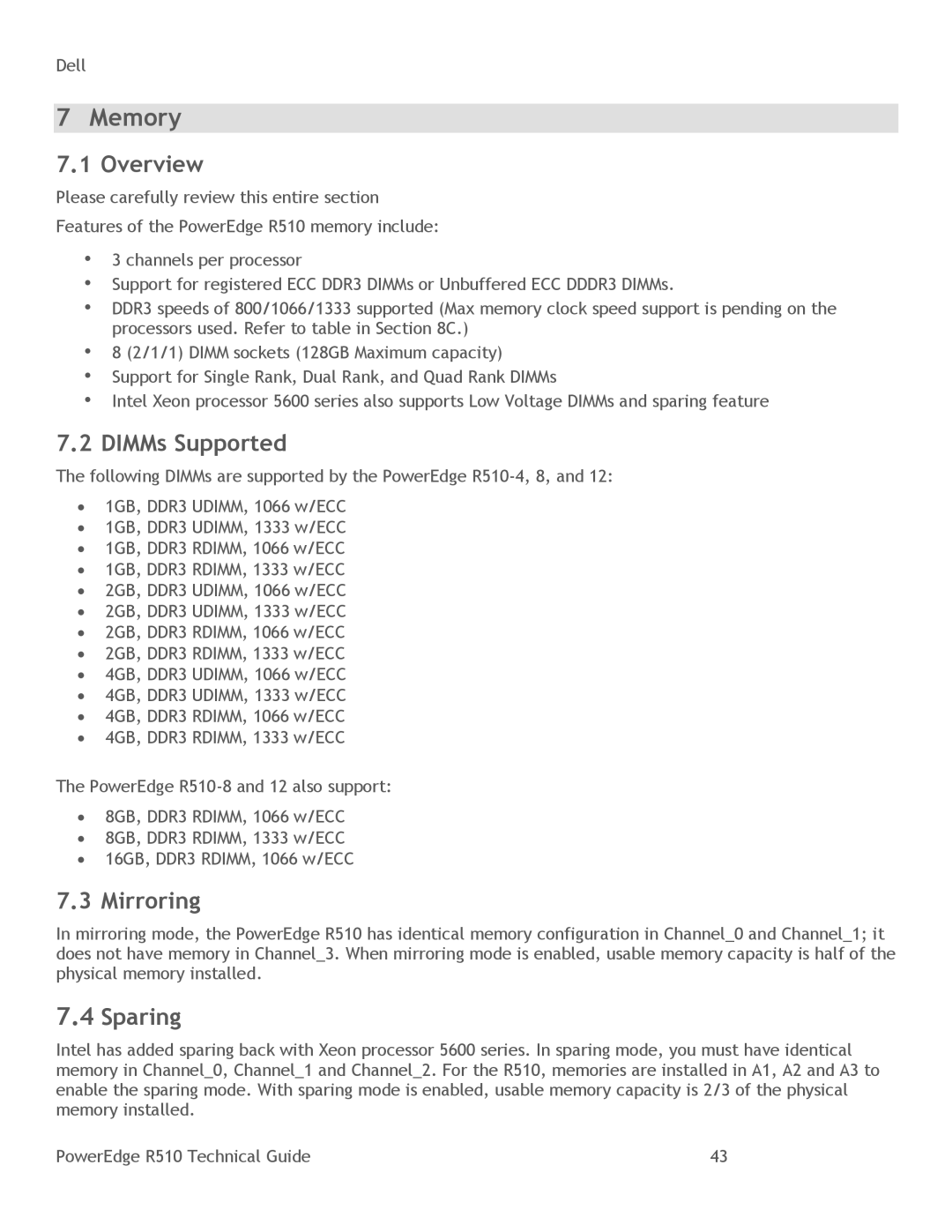 DeWalt R510 manual Memory, Overview, DIMMs Supported, Mirroring 