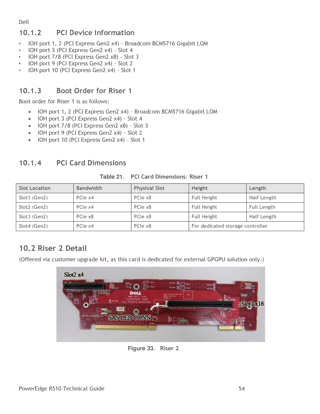 DeWalt R510 manual Riser 2 Detail, PCI Device Information, Boot Order for Riser, PCI Card Dimensions Riser 