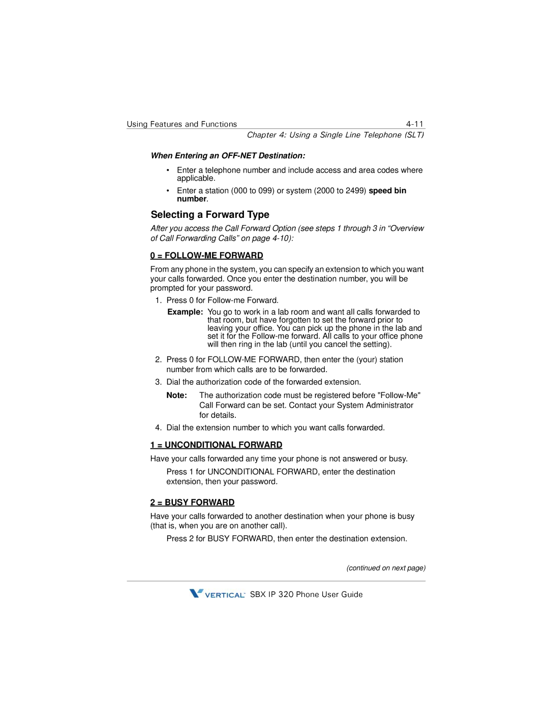 DeWalt SBX IP 320 manual Selecting a Forward Type, When Entering an OFF-NET Destination 