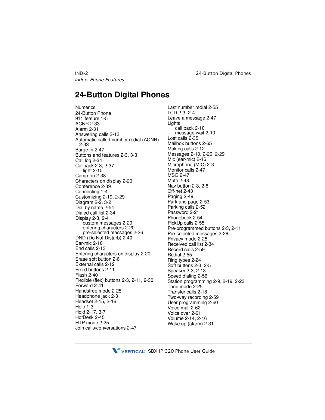 DeWalt SBX IP 320 manual IND-2, Index Phone Features 