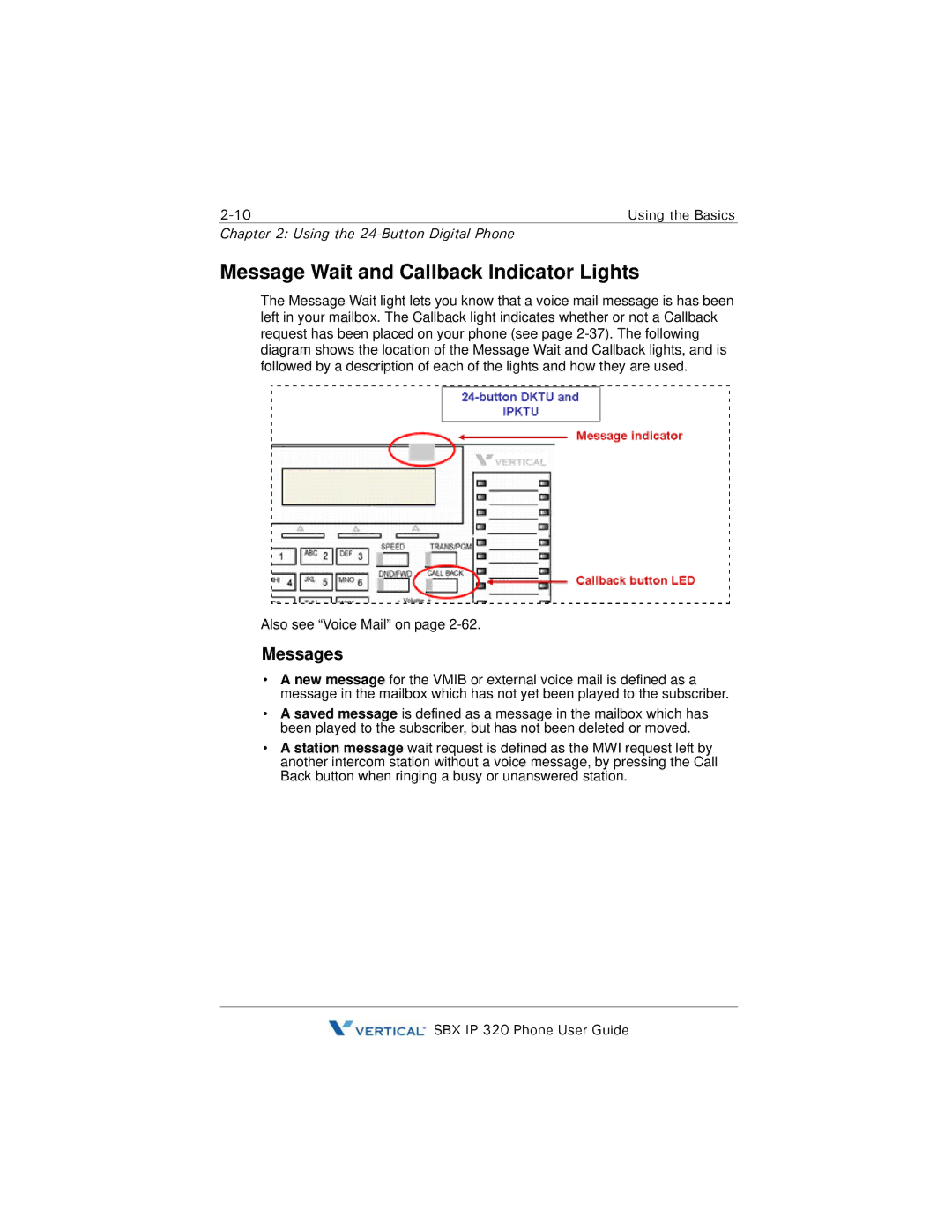 DeWalt SBX IP 320 manual Message Wait and Callback Indicator Lights, Messages 