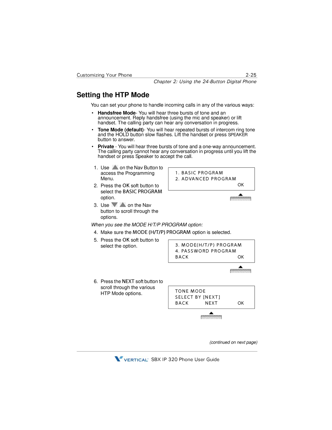 DeWalt SBX IP 320 manual Setting the HTP Mode, When you see the Mode H/T/P Program option 