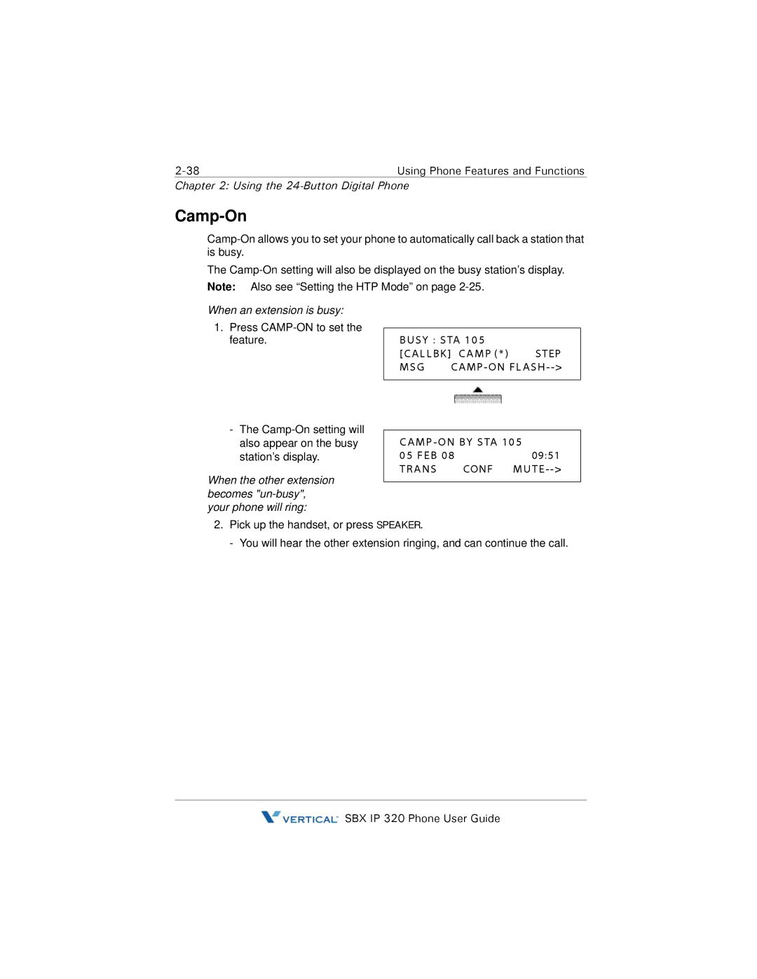 DeWalt SBX IP 320 manual Camp-On, When an extension is busy, Callbk, Step, MSG CAMP-ON Flash Camp -ON by STA 