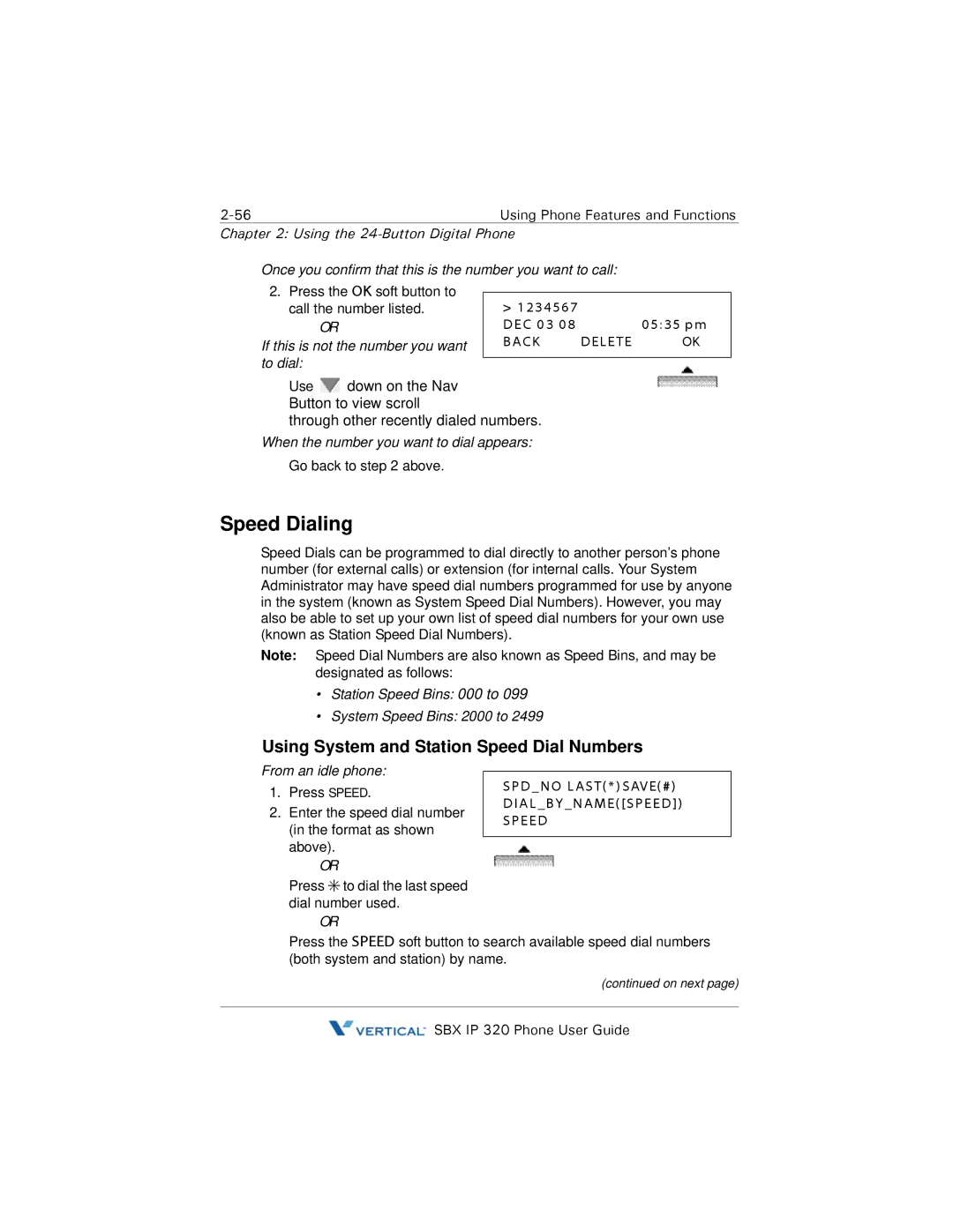 DeWalt SBX IP 320 manual Speed Dialing, Using System and Station Speed Dial Numbers 